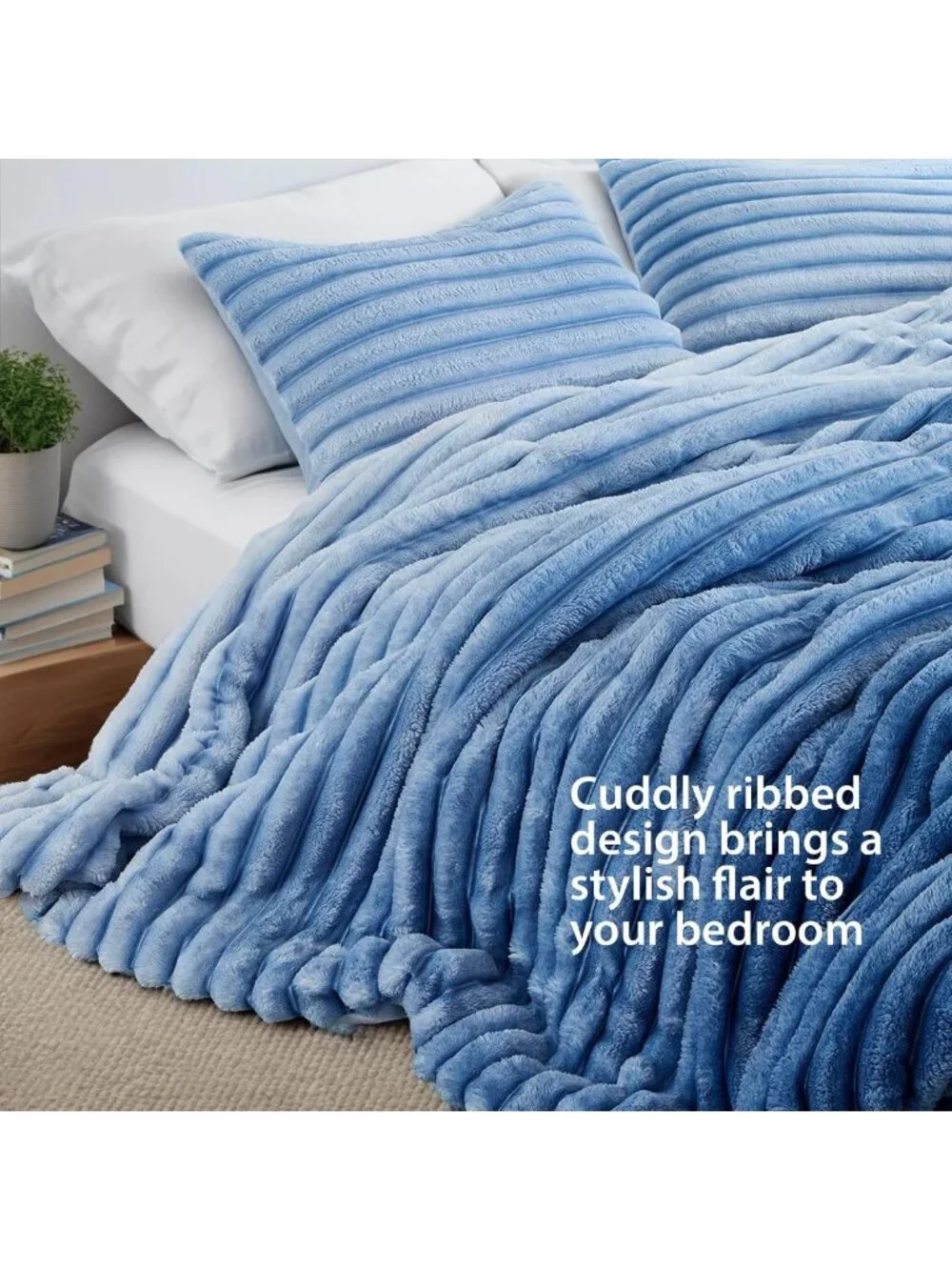 Cozy Ribbed Fluffy Queen Comforter Set - Super Soft Plush Fleece Bedding